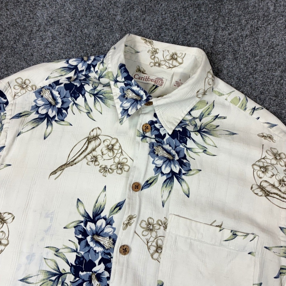 Caribbean Roundtree & Yorke Mens Large Silk Floral Tropical Button Down Shirt